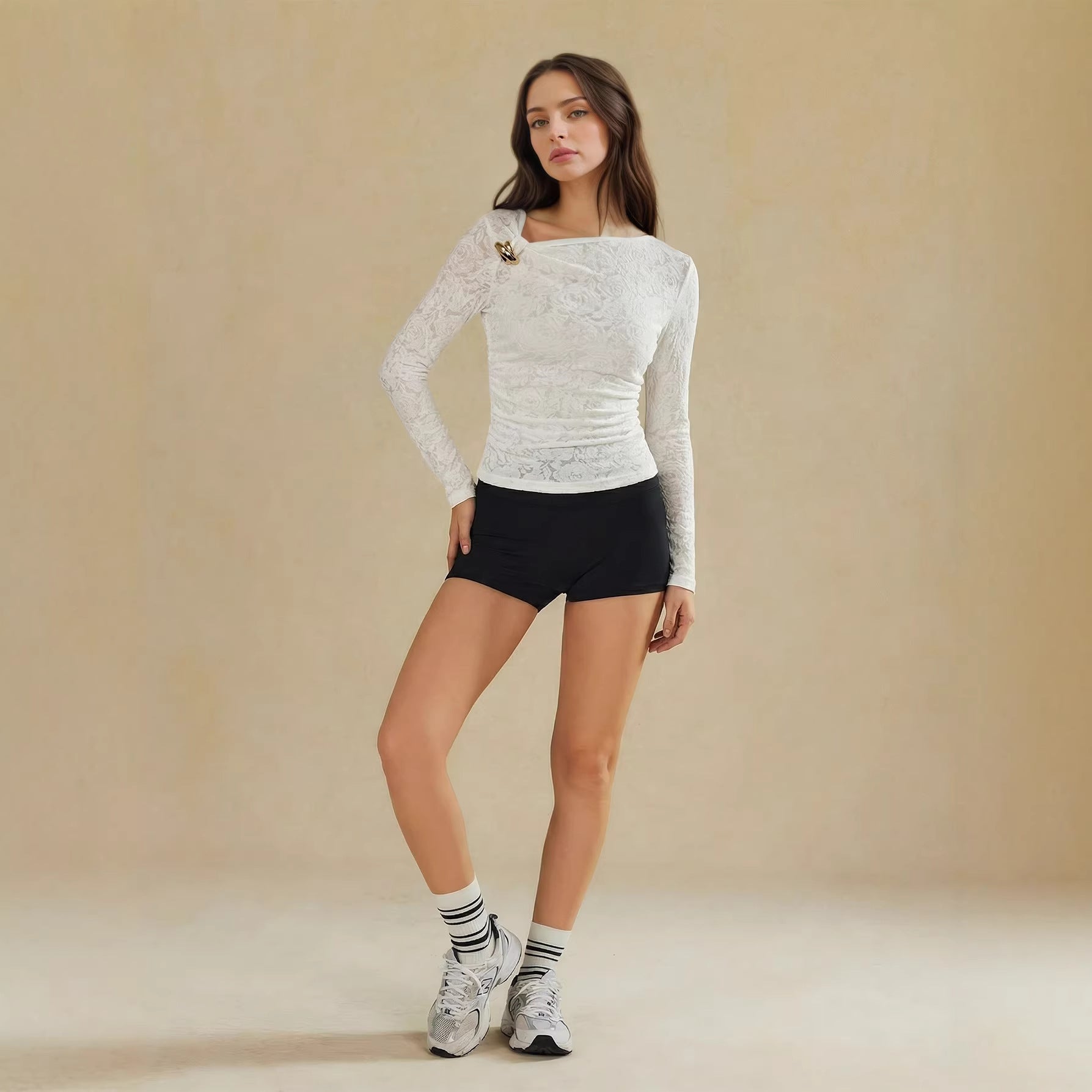New Womens Versatile Long-sleeve Top With An Irregular Sheer Design