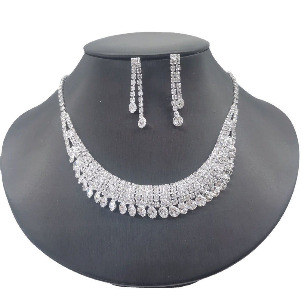 Yiwu Bride Jewelry European And American Fashion Bright Rhinestone Necklace Earrings Wedding Set Factory Direct 497