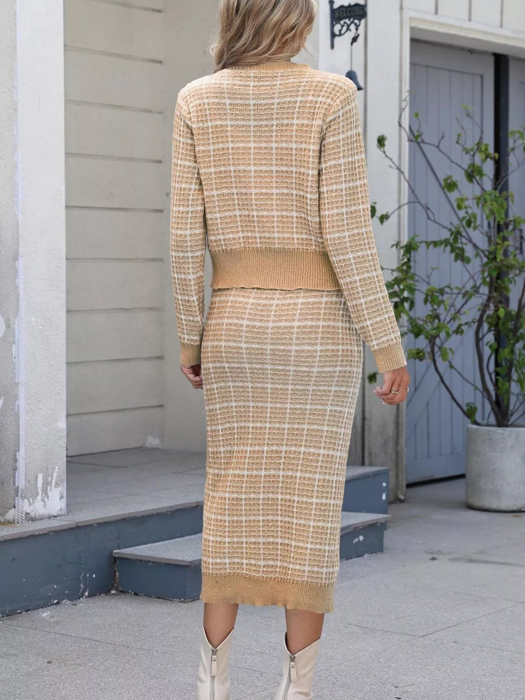 Plaid Knit Cardigan and Midi Skirt Sweater Set