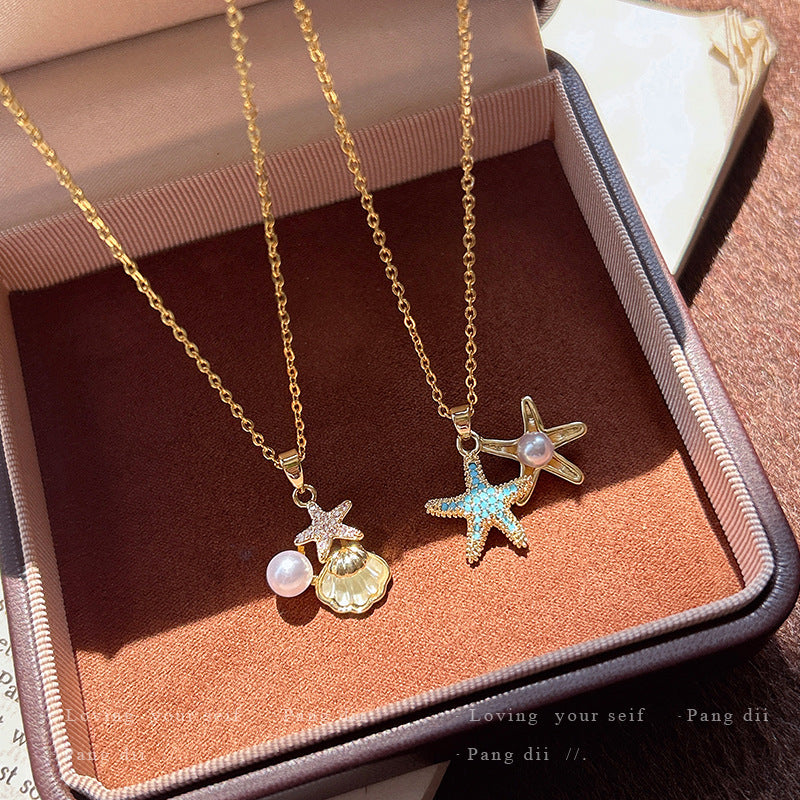 Ocean Style Starfish Shell Pearl Pendant Clavicle Chain Necklace Summer Women Neck Jewelry For Daily Dating Beach Party Occasions