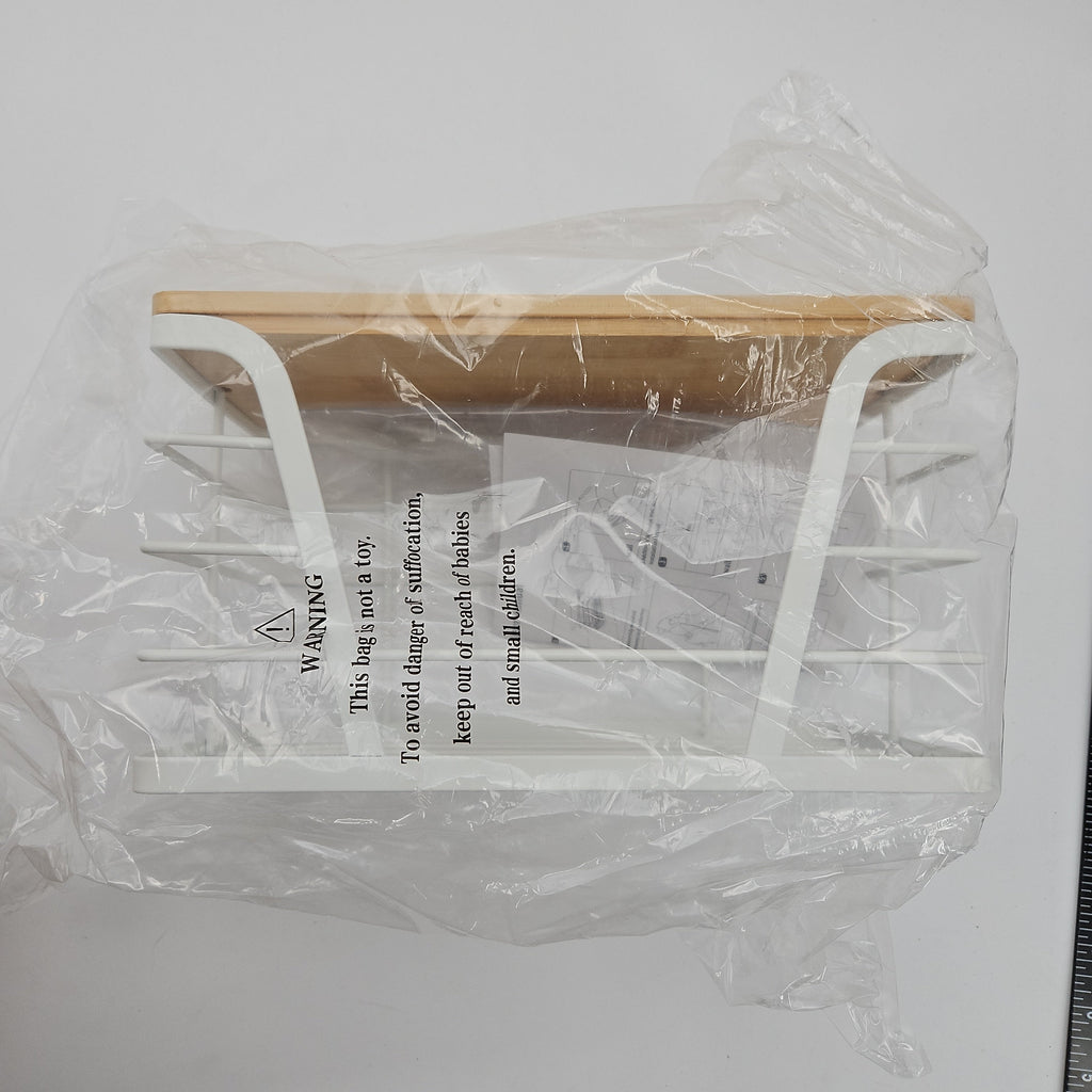 TIDIIABODE Under-Sink Trash Bag Holder, White Frame, Tan Wood-Tone Top, 1-Pack