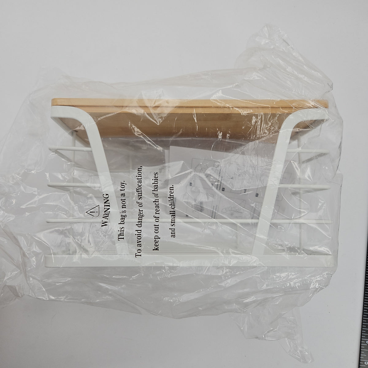 TIDIIABODE Under-Sink Trash Bag Holder, White Frame, Tan Wood-Tone Top, 1-Pack