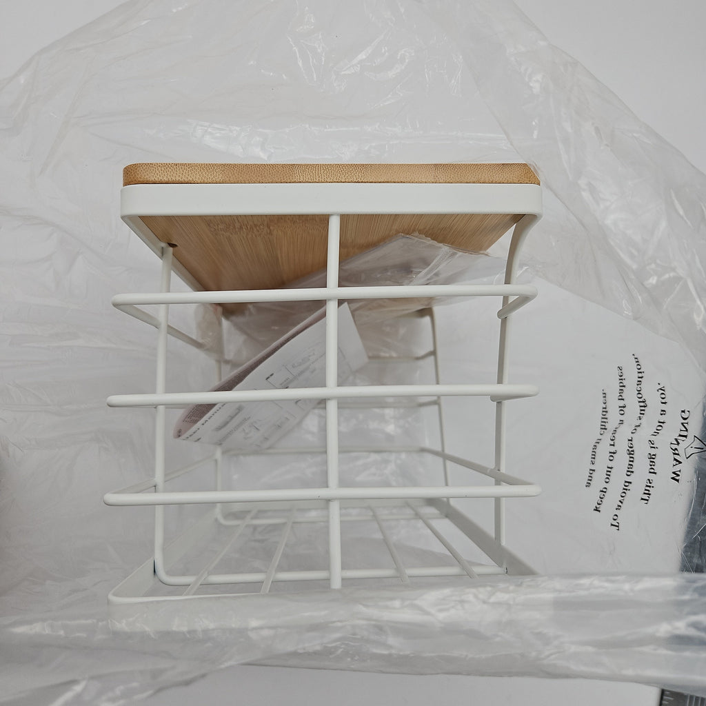TIDIIABODE Under-Sink Trash Bag Holder, White Frame, Tan Wood-Tone Top, 1-Pack