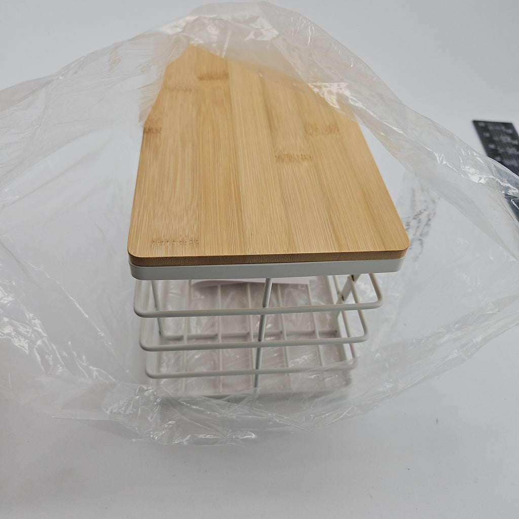 TIDIIABODE Under-Sink Trash Bag Holder, White Frame, Tan Wood-Tone Top, 1-Pack