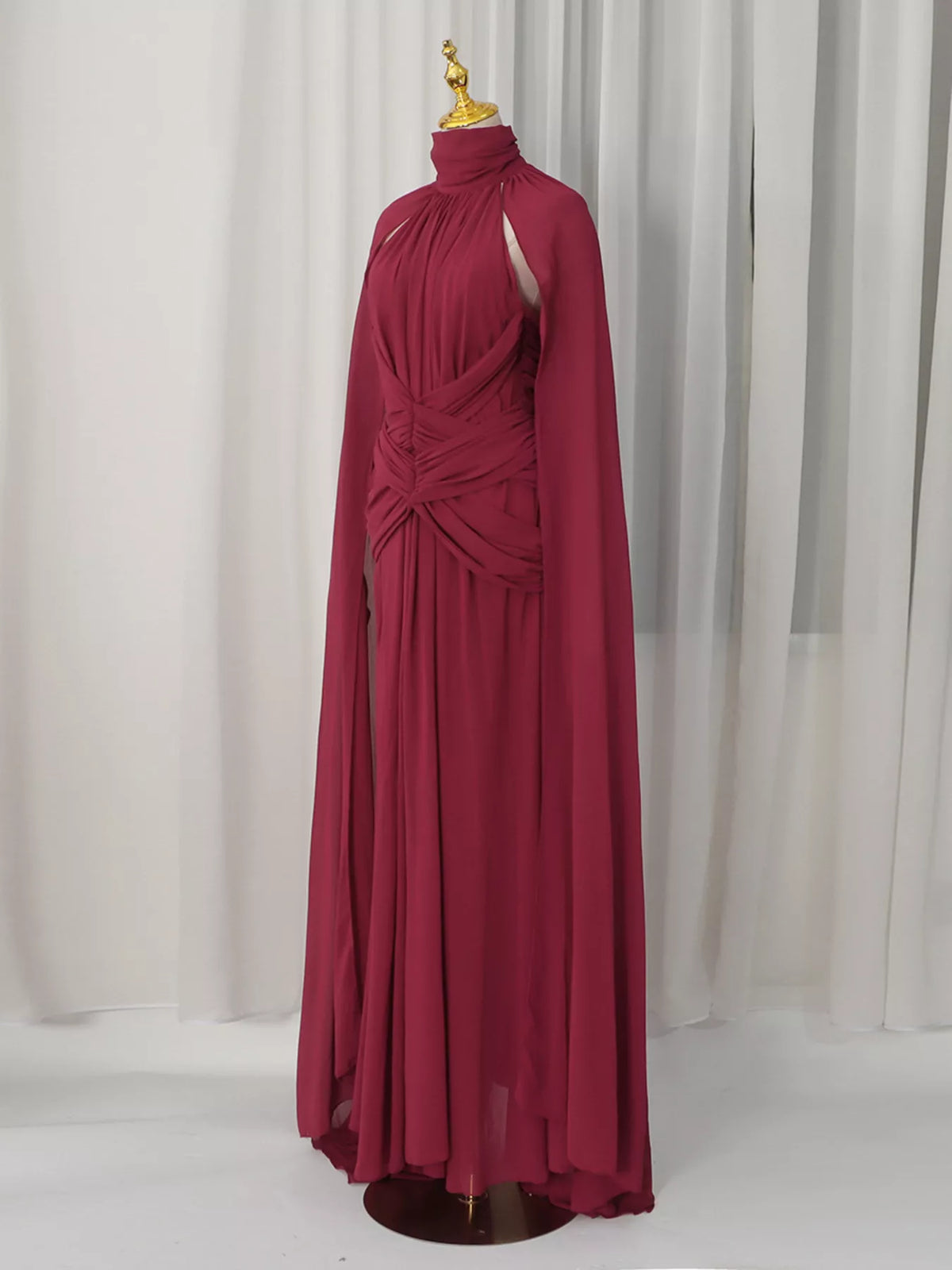 Ruched Halter Neck Cape Maxi Dress