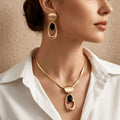 Vintage Brushed Gold Black Stone Necklace Earrings Set Women Jewelry Set For Banquet Party Evening Occasions