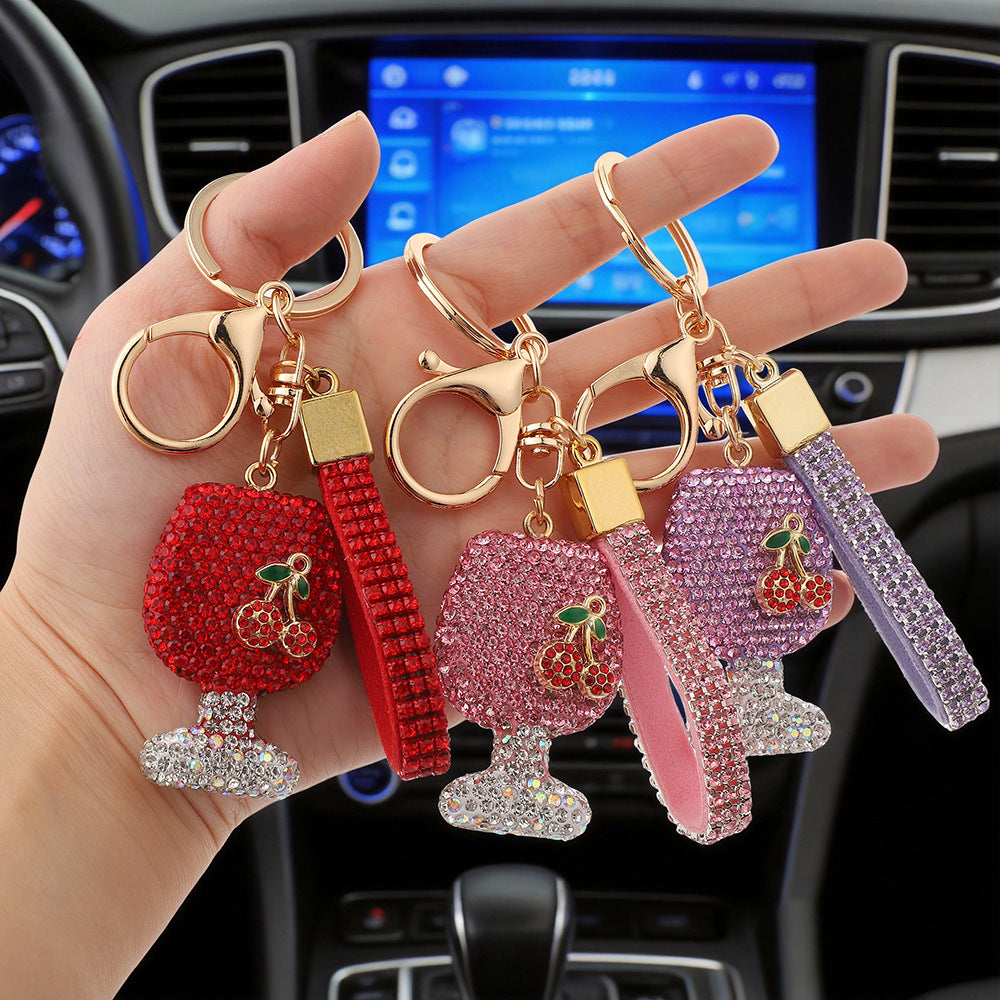 Diamond-Encrusted Mini Wine Glass Car Keychain Pendant