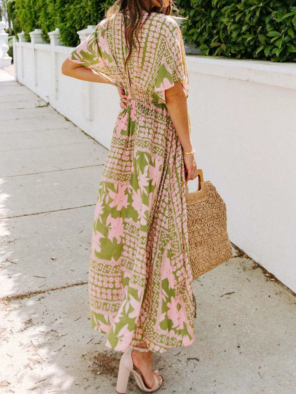 Floral Print V-Neck High Slit Maxi Dress