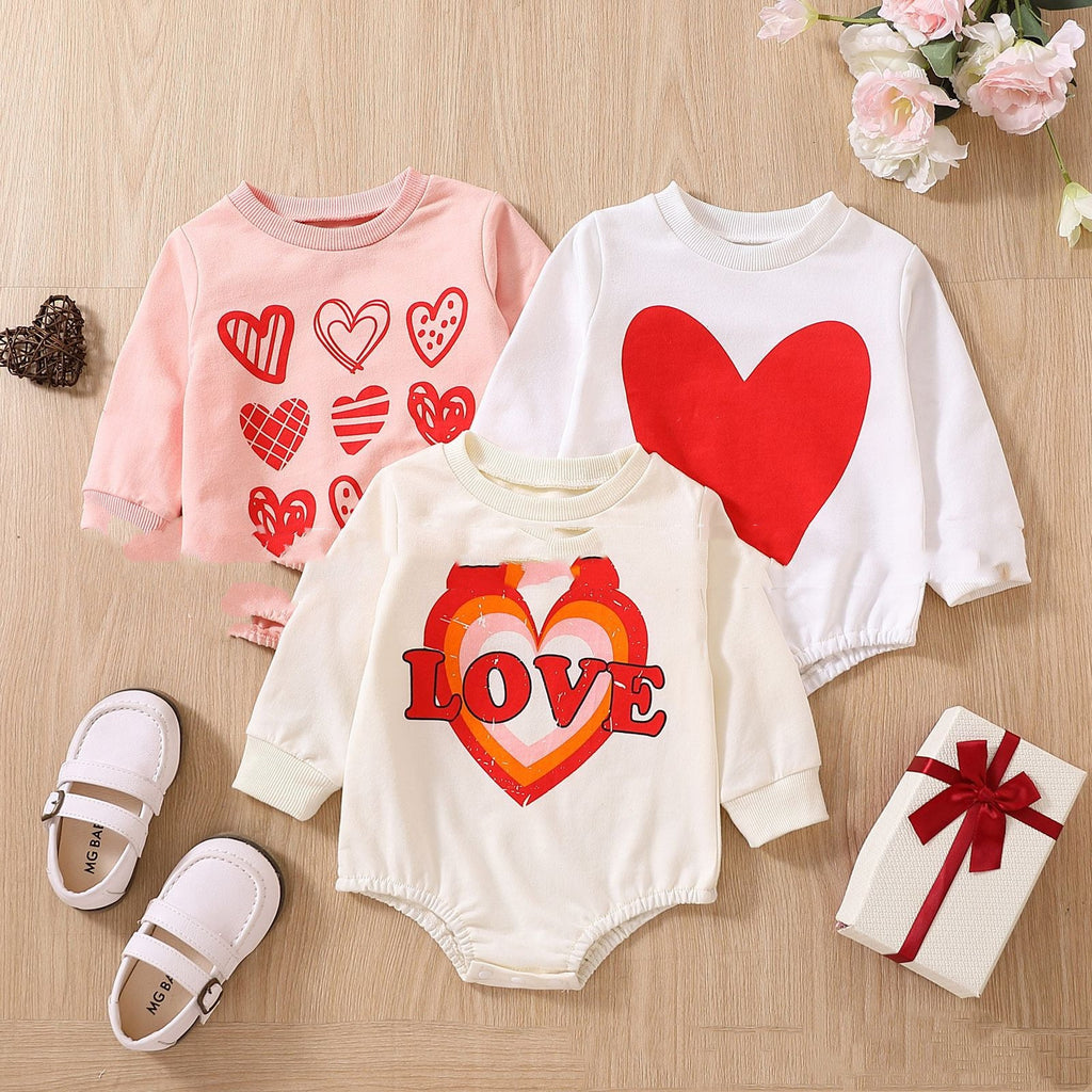 Female Unisex Baby's Valentine's Day Three Series Of Love Long-sleeved Triangle Rompers
