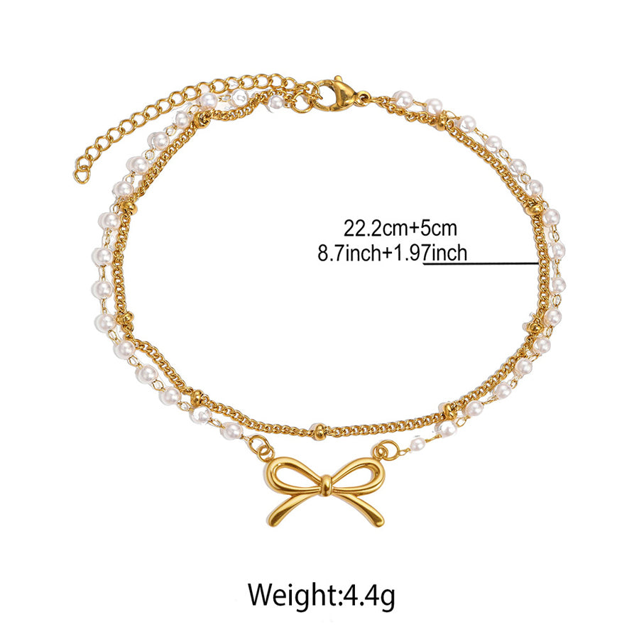 Women Double Layer Anklet Gold Tone Bow Knot Artificial Pearl Beaded Ankle Bracelet Adjustable Stainless Steel Dainty Summer Beach Foot Jewelry Gift For Ladies