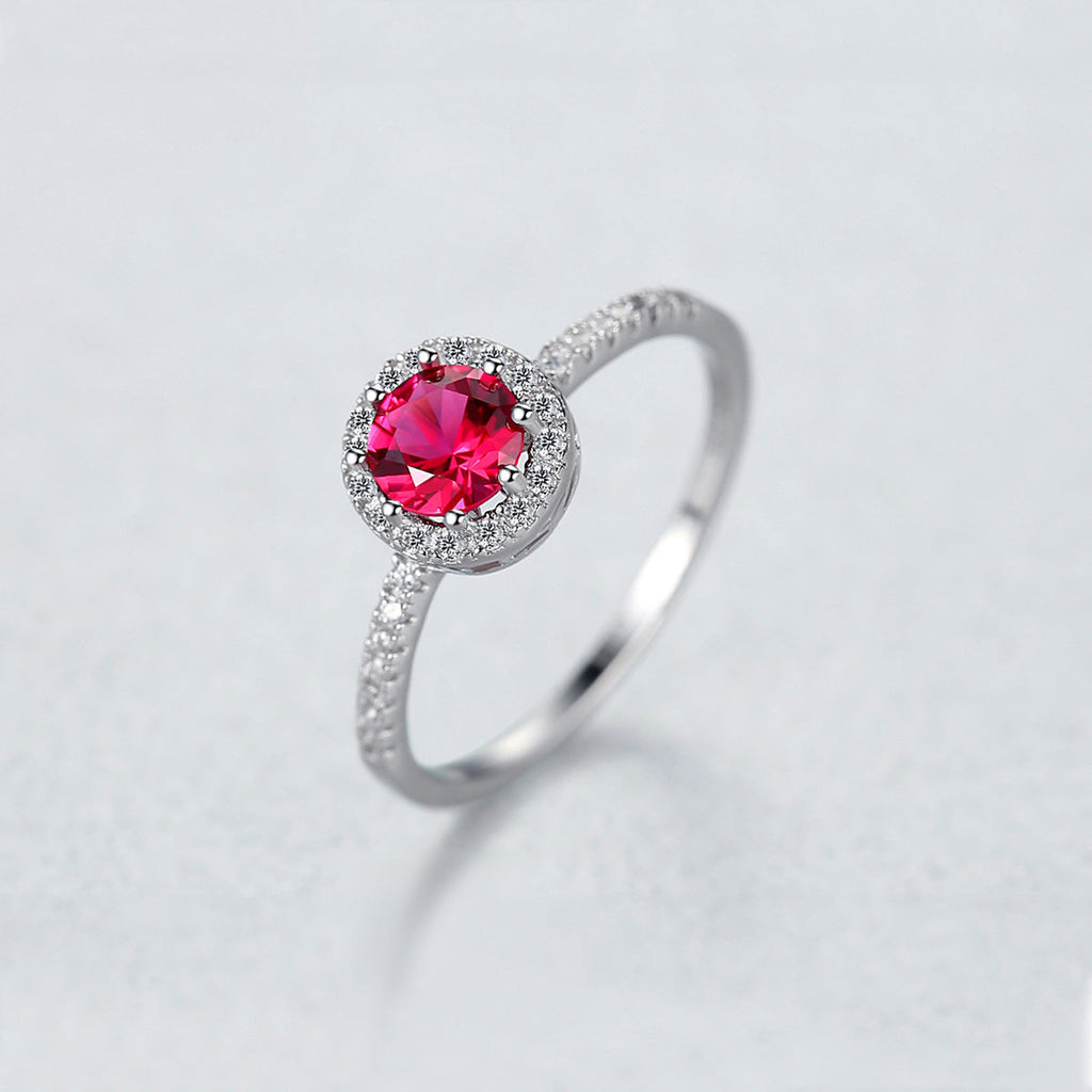 925 Silver Single-Row Diamond Ruby Ring For Women