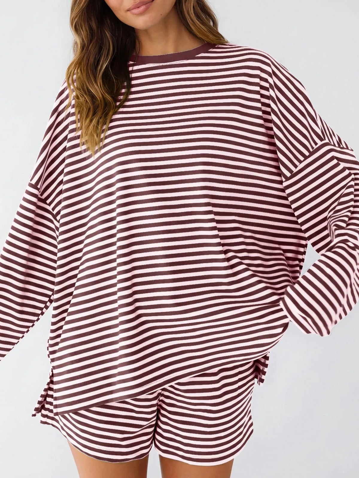 Casual Striped Long Sleeve Top and Shorts Set