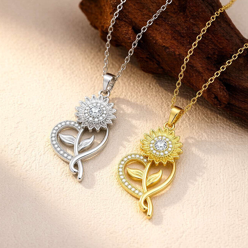 Copper Pendant With Heart-shaped Sunflower And Zircon, Paired With Stainless Steel Chain Necklace