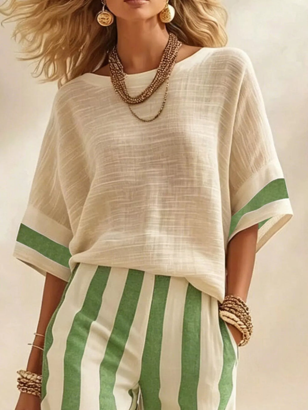 Full Size Striped Half Sleeve Top and Pants Set Plus Size