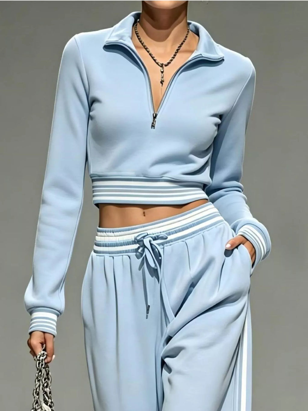 Full Size Half Zip Cropped Top and Pants Set Plus Size