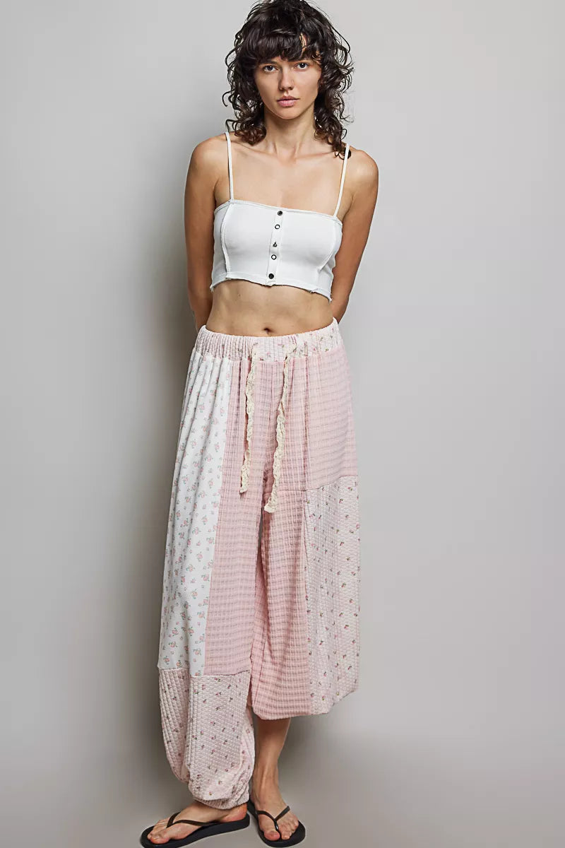 POL Patchwork Mixed Knit Wide Leg Pants