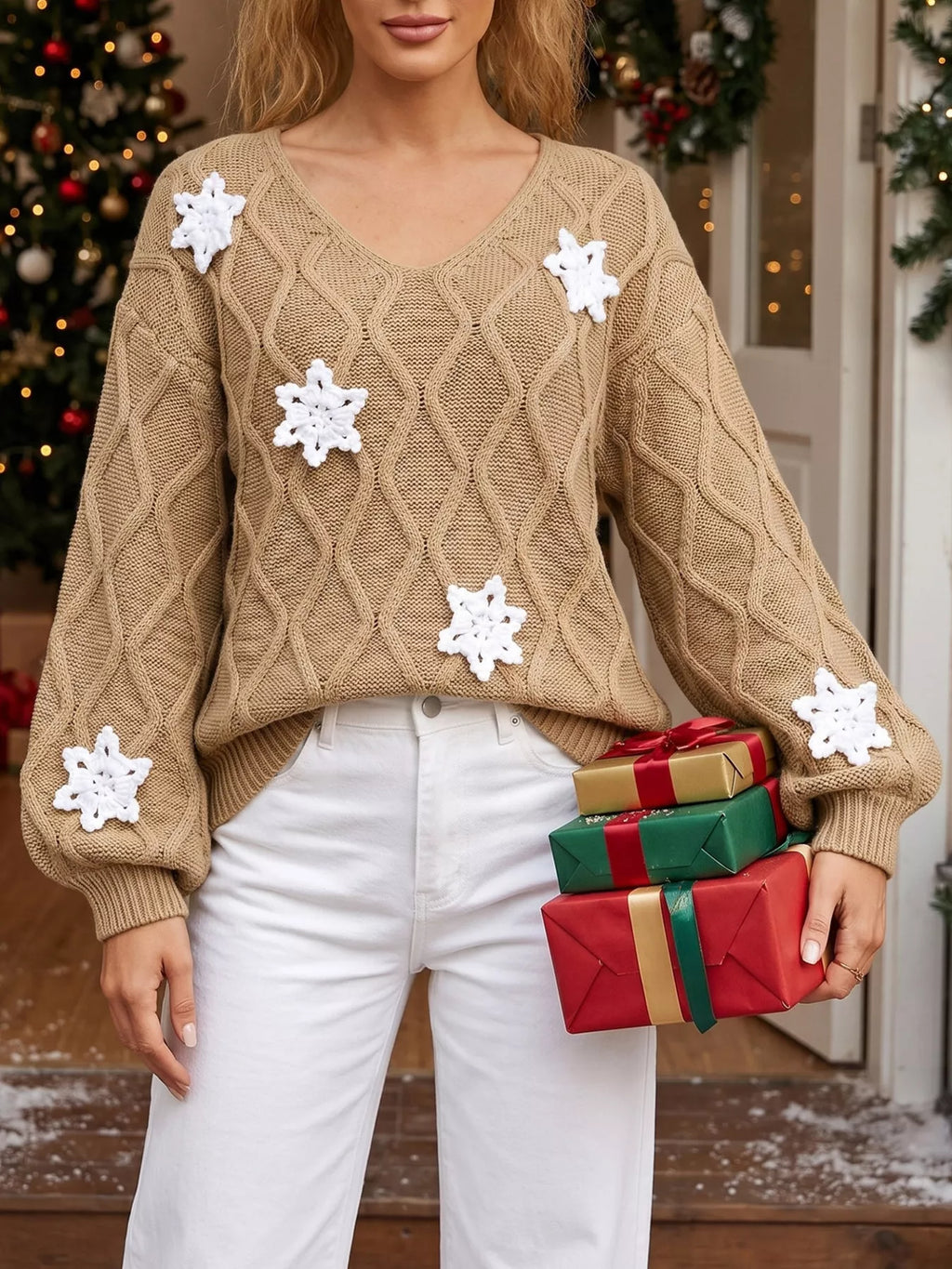 Snowflake Textured V-Neck Sweater