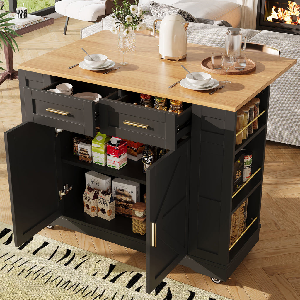 Kitchen Island On Wheels, Rolling Island Cart With 2 Drawers And Double-Sided Storage Racks, Storage Cabinet With Foldable Worktop, Mobile Carts, Portable Trolley For Home And Kitchen, Black