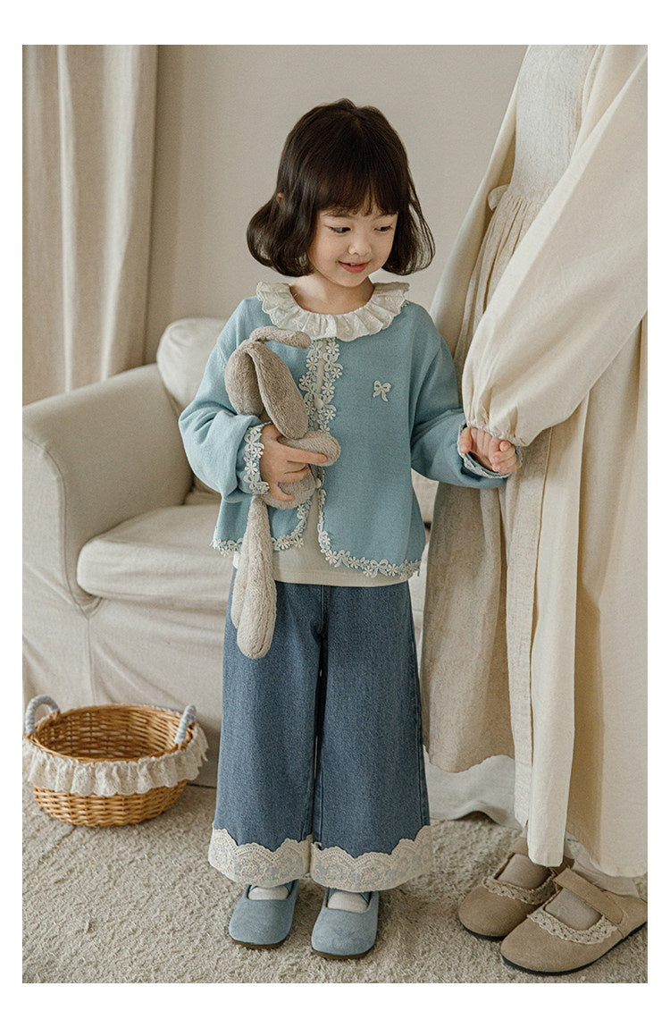 Lace-trimmed Denim Cotton Light-blue Wide-leg Pants