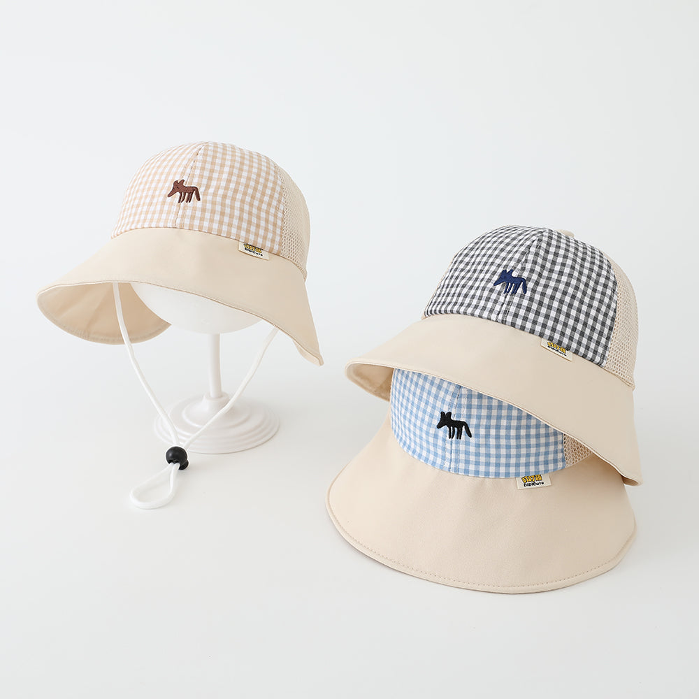Summer Boys And Girls' Checkered Pointed-mouth Fox Embroidered Fishing Hat With Net Fabric, Breathable, Spliced And Wind-resistant Rope Baby Hat