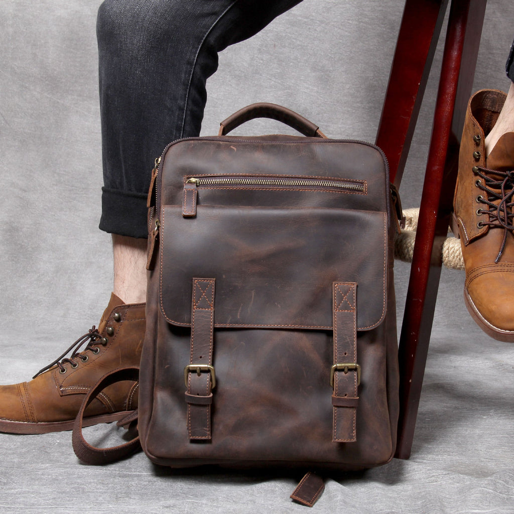 Retro Crazy Horse Leather Handmade First Layer Cowhide Backpack Schoolbags Travel Bag