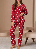 Polka Dot Button-Down Top and Pants Lounge Set