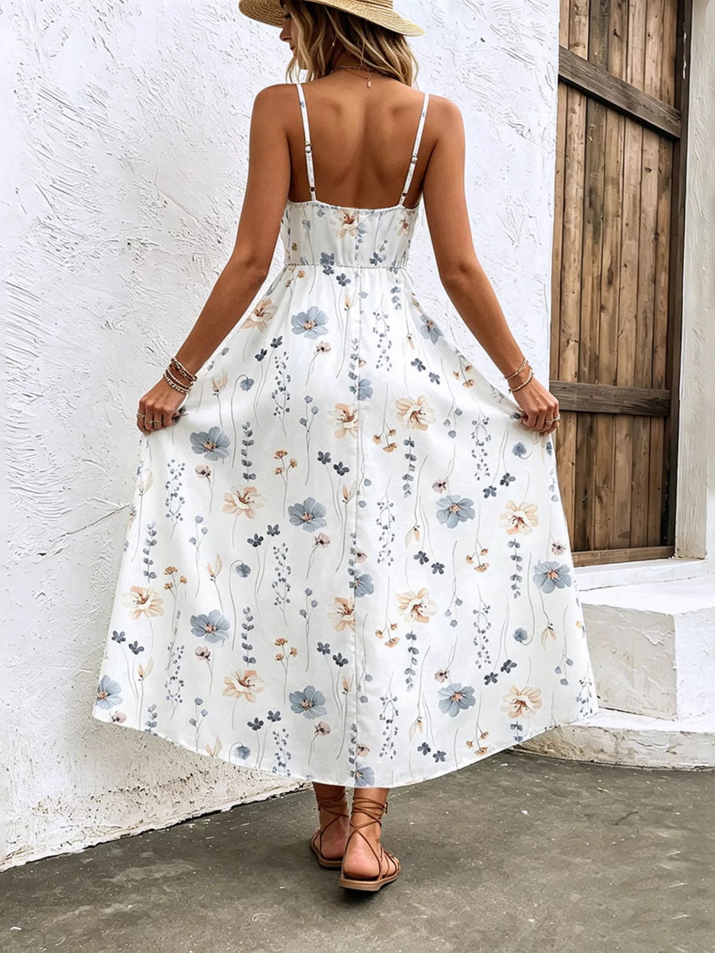 Floral Print Spaghetti Strap Midi Dress – White / Taupe