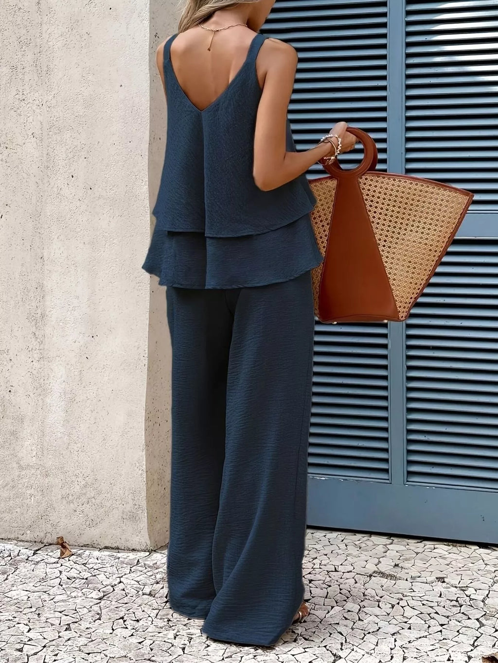 V-Neck Top and Wide-Leg Pants Set – Apricot / Navy Blue