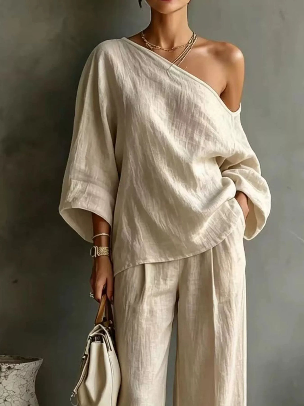 One Shoulder Top and Wide Leg Pants Set