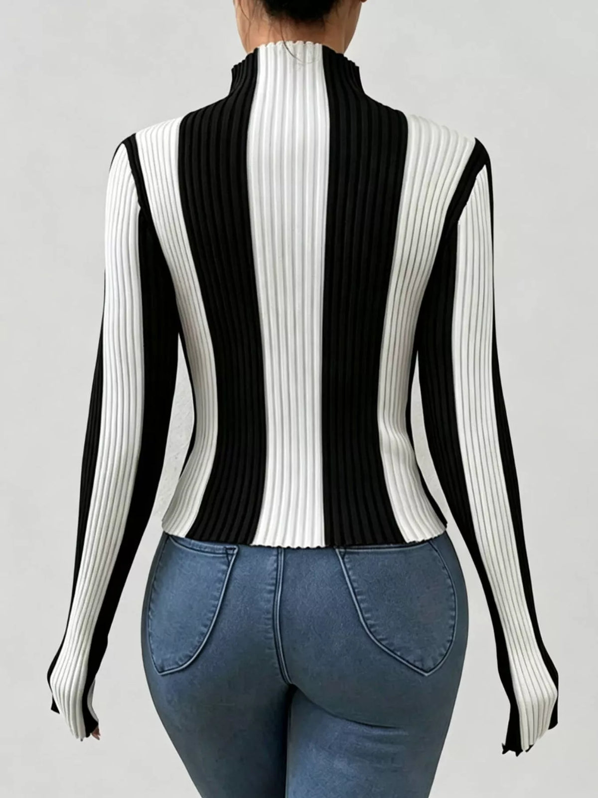 Color Block Turtleneck Ribbed Knit Top