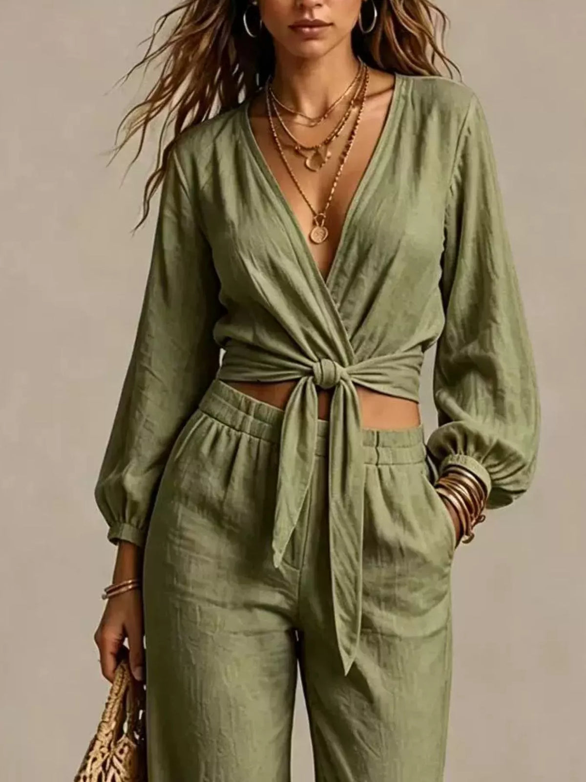 Tie-Front Crop Top and Wide-Leg Pant Set