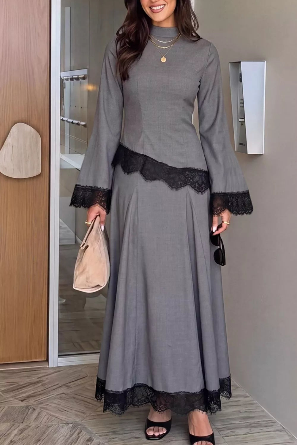 Lace Detail Mock Neck Top and Skirt Set