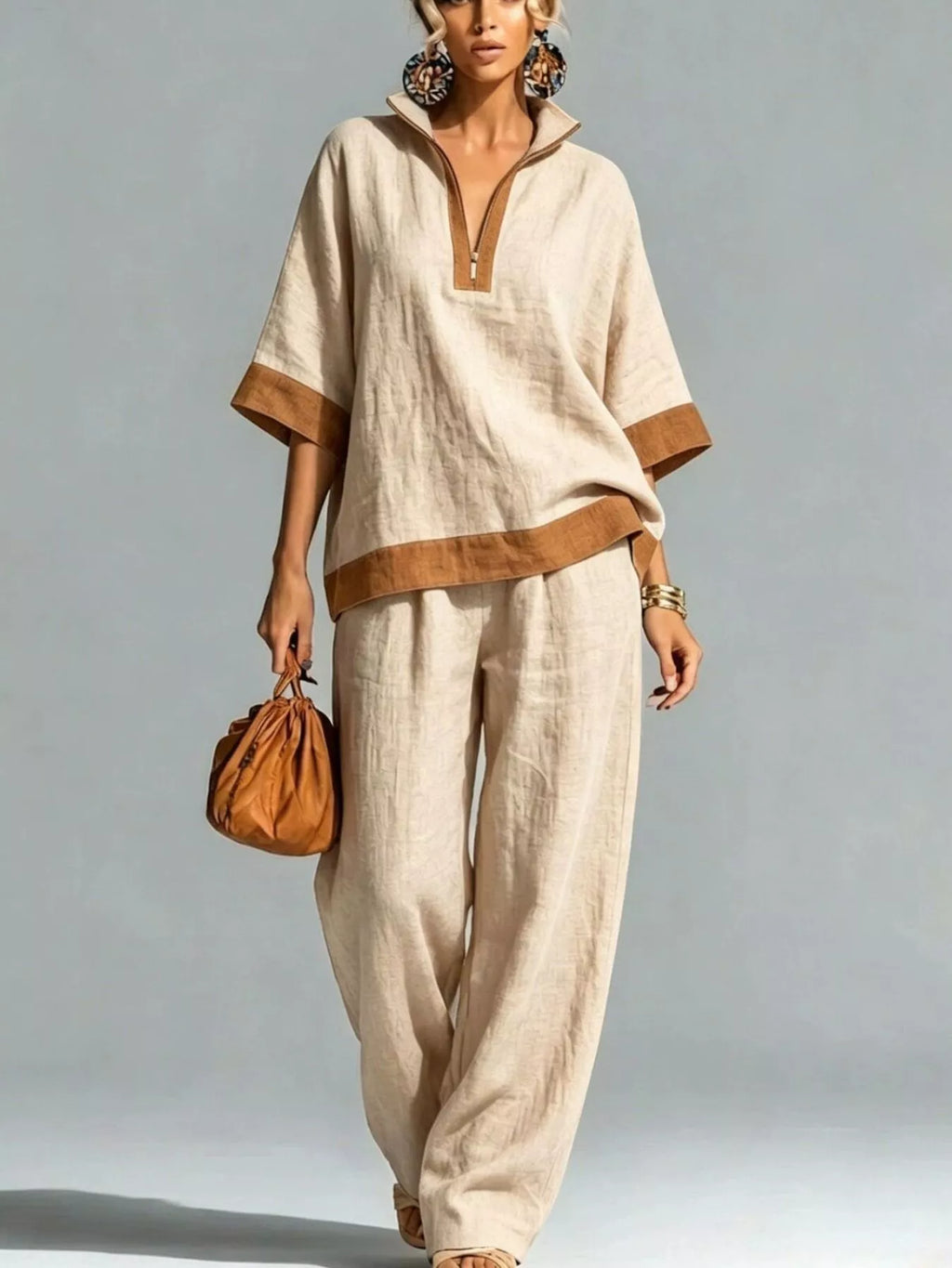 Full Size Contrast Trim Top and Wide Leg Pants Set Plus Size