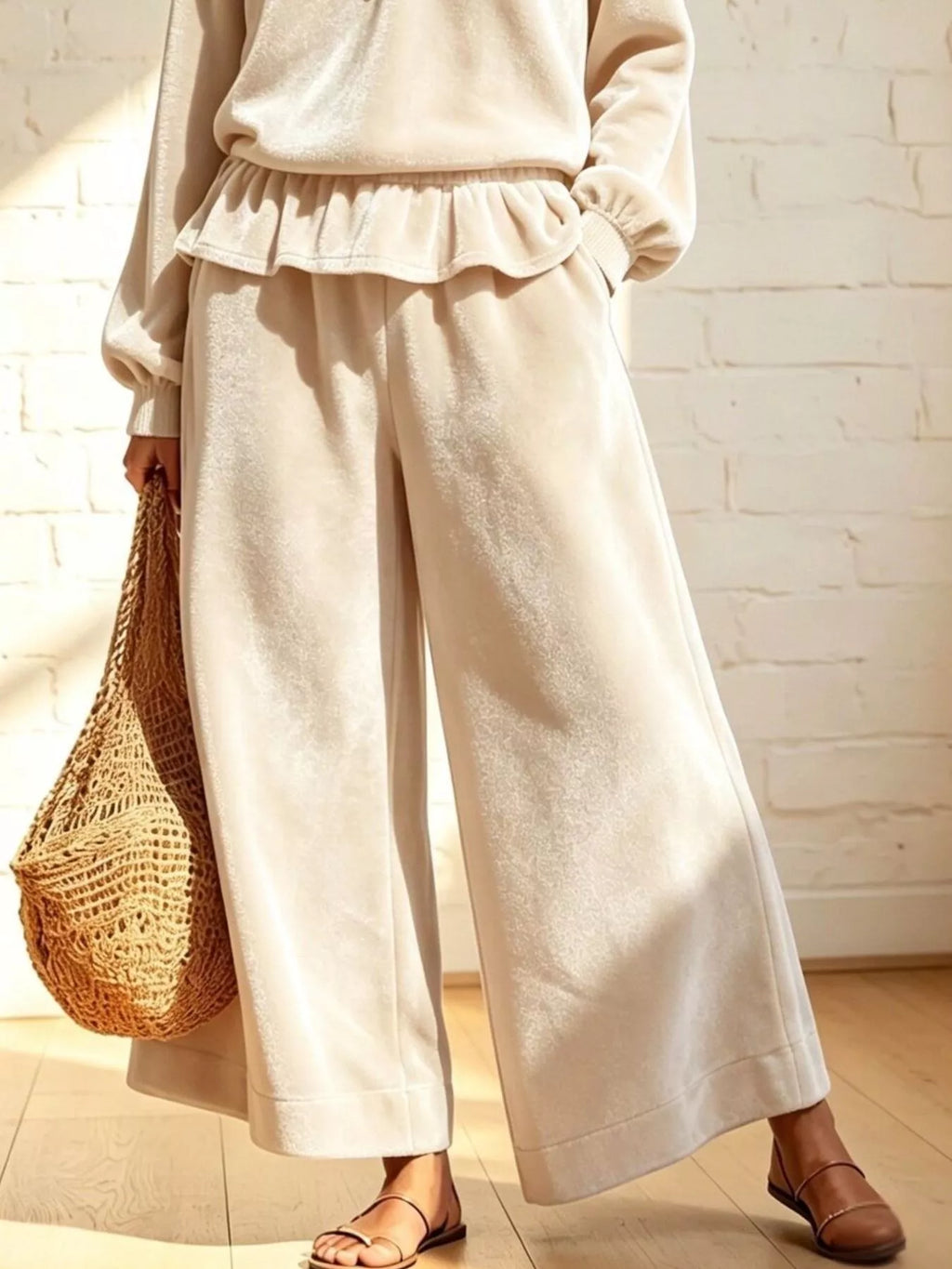 Velvet Peplum Top and Wide-Leg Pants Set