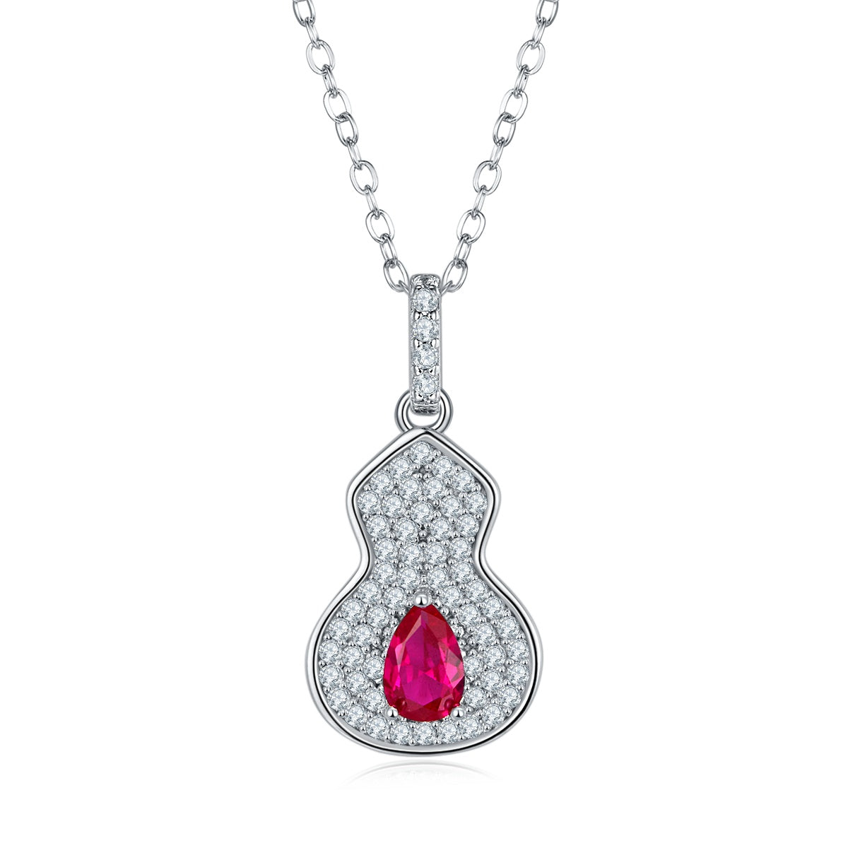 S925 Silver 2.5g 0.5ct Lab-Created Ruby Necklace, 4mm Gourd Pendant, 40&5cm
