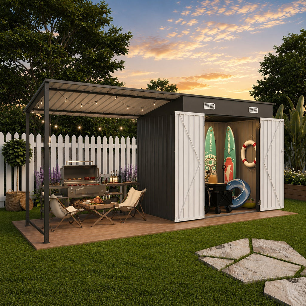 12x4 FT Metal Lean-To Shed with Pergola, 6x4 FT Outdoor Storage Shed & Hardtop Gazebo Combo