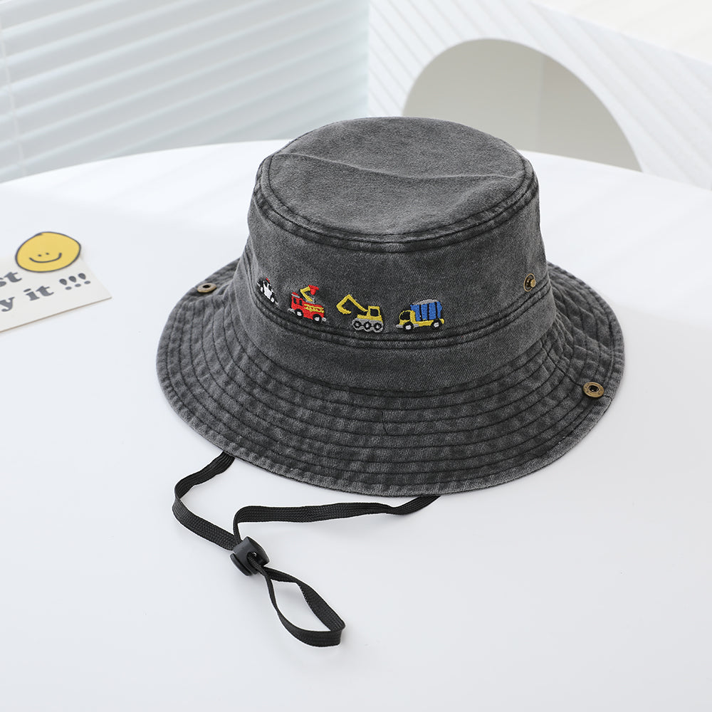 Children's Trendy Embroidered Cartoon Engineering Vehicle Flap Hat With Adjustable Drawstring And Rope
