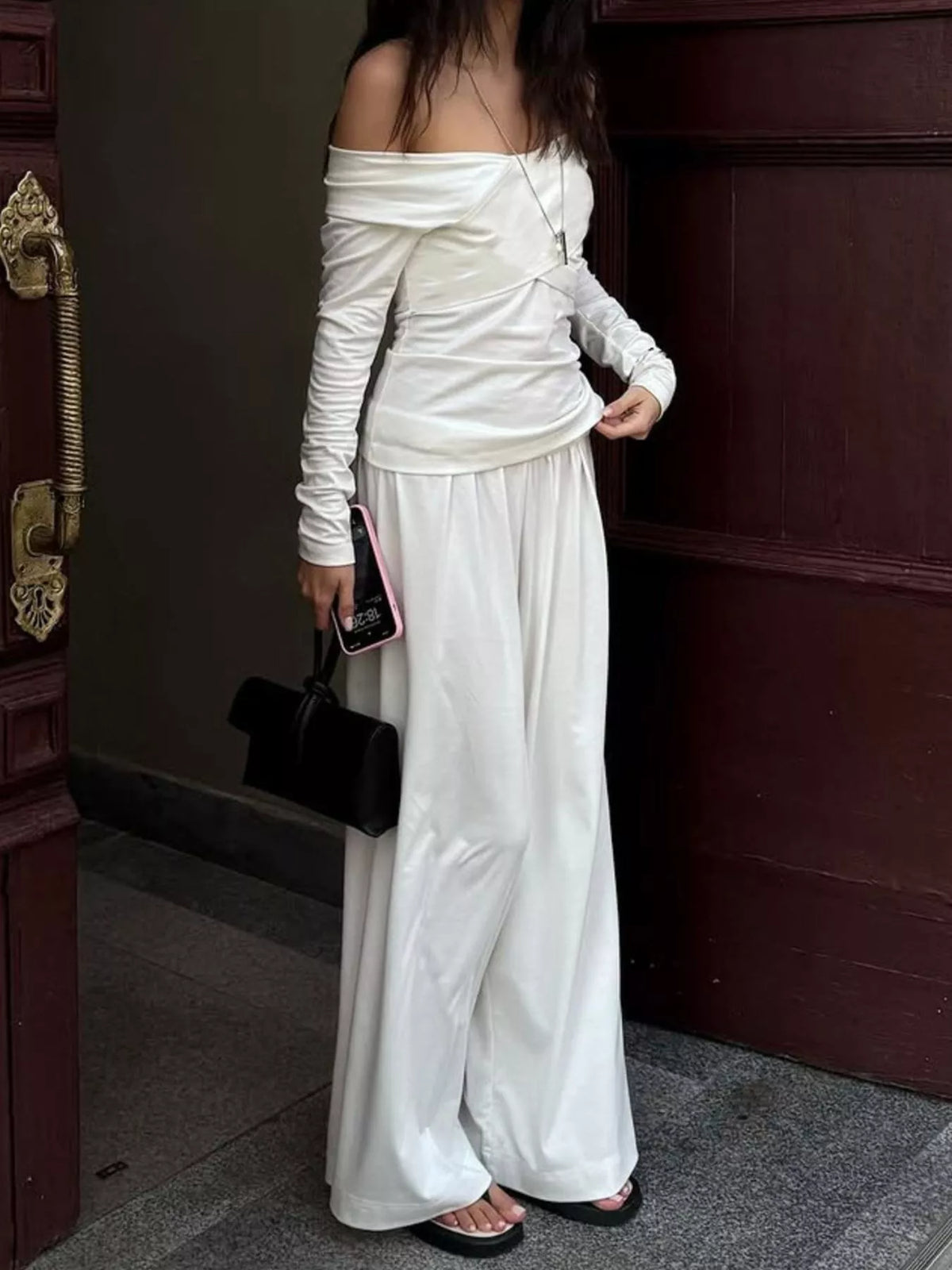 Off-Shoulder Long Sleeve Top and Wide-Leg Pants Set