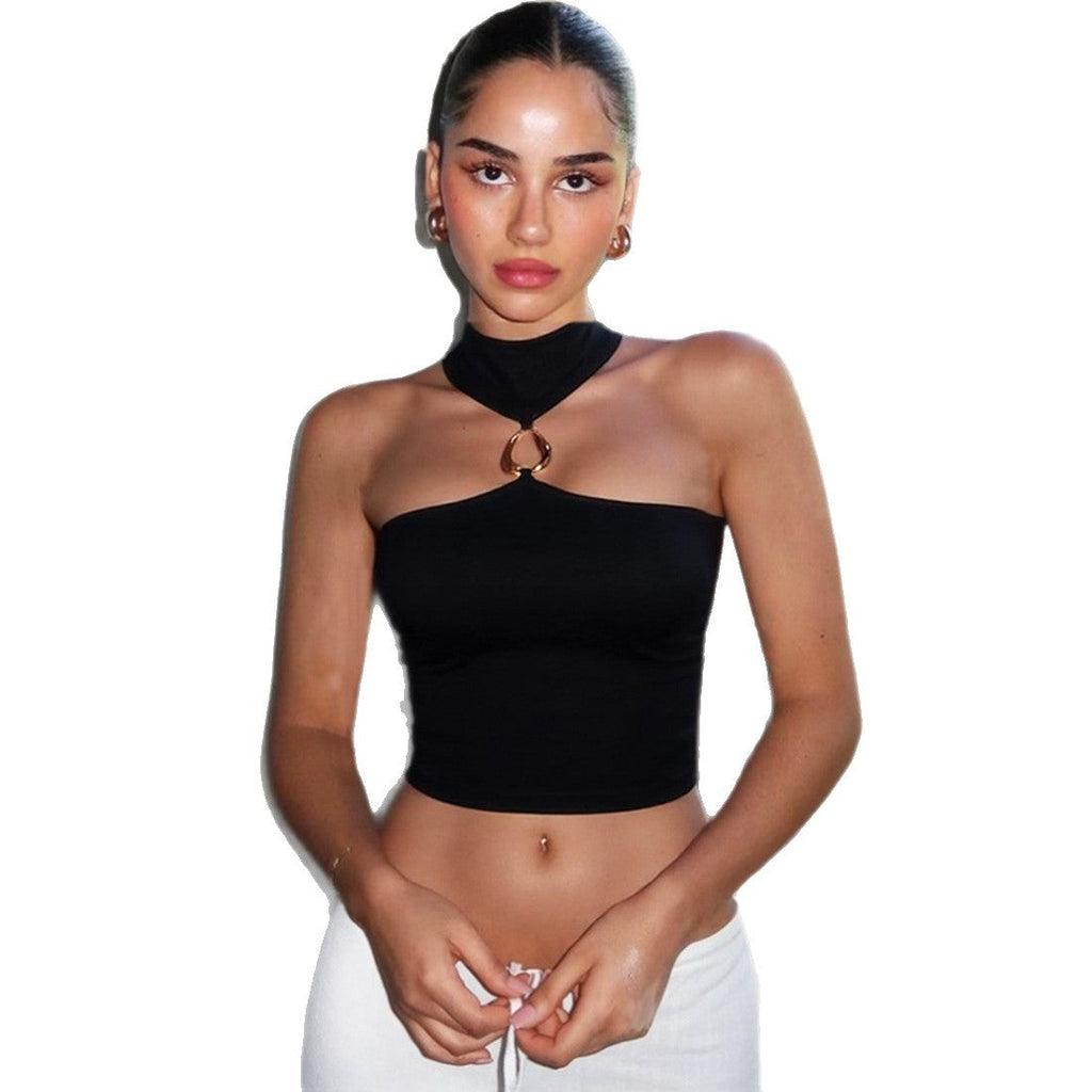 Women's Solid Color Slim Fit Crop Top With Halter Neck