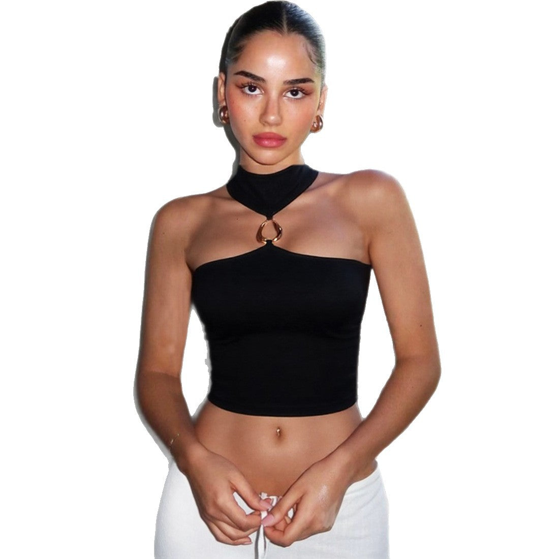 Women's Solid Color Slim Fit Crop Top With Halter Neck