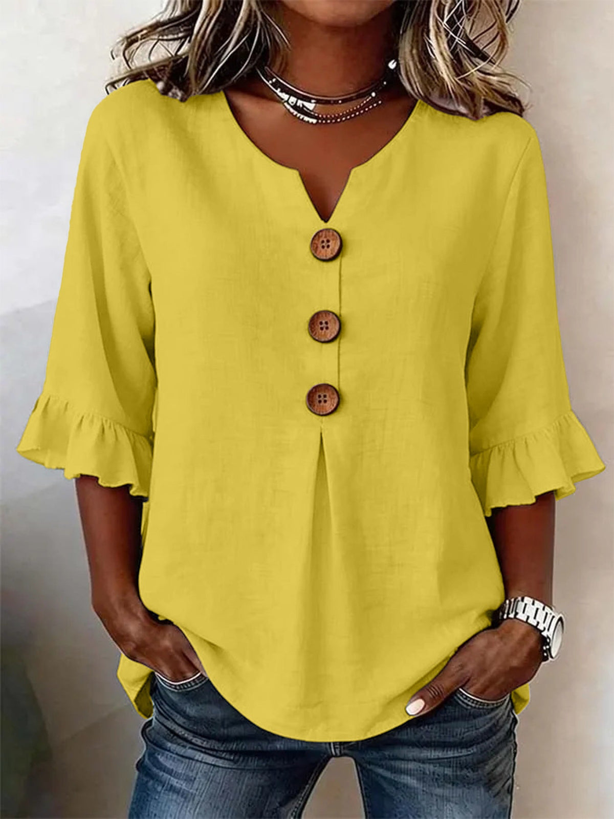 2026 Summer Women's V Neck Cotton Linen Button Up Shirt Solid Color Button Design  Short Sleeve