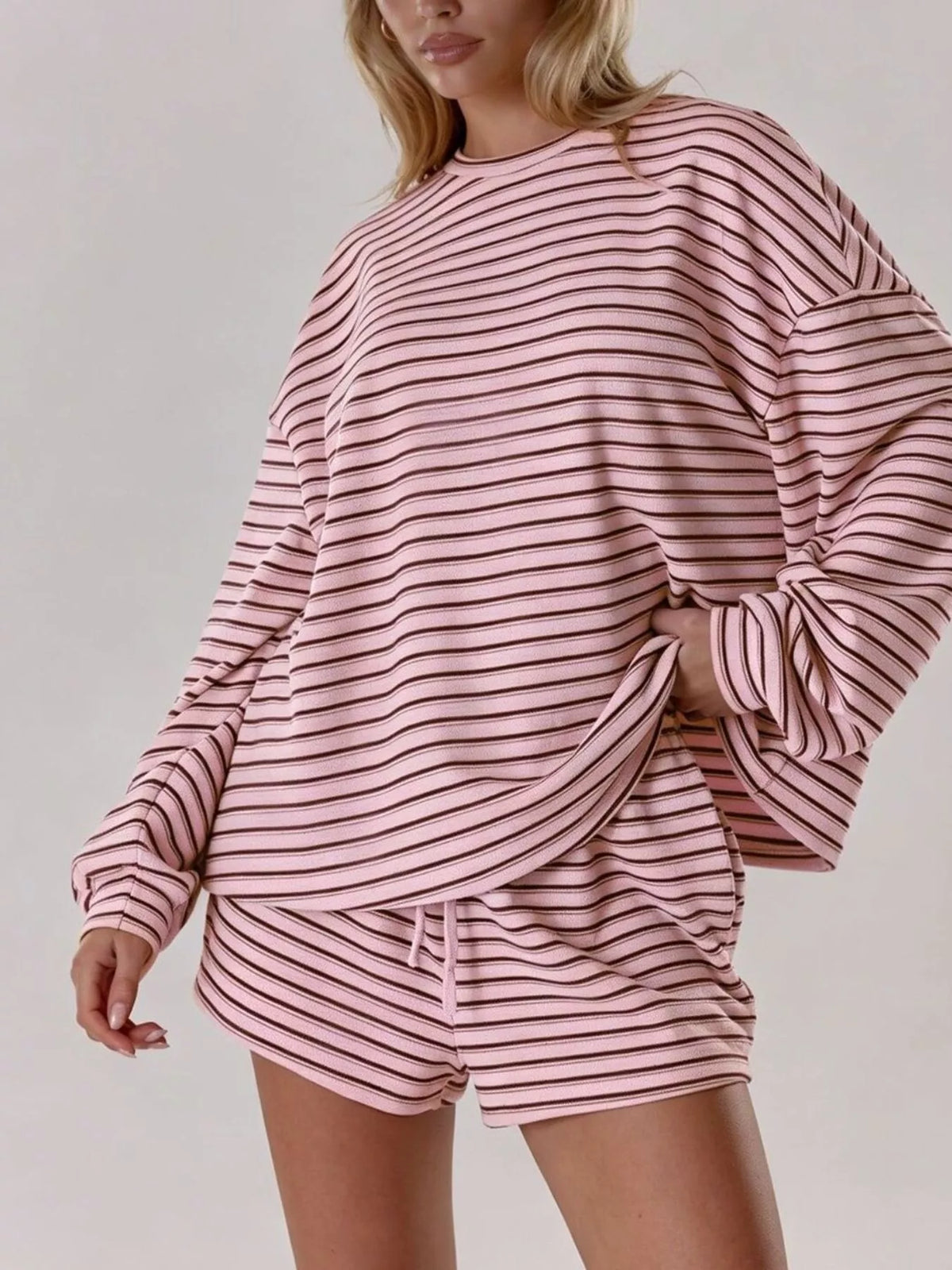 Casual Striped Long-Sleeve Top and Shorts Set