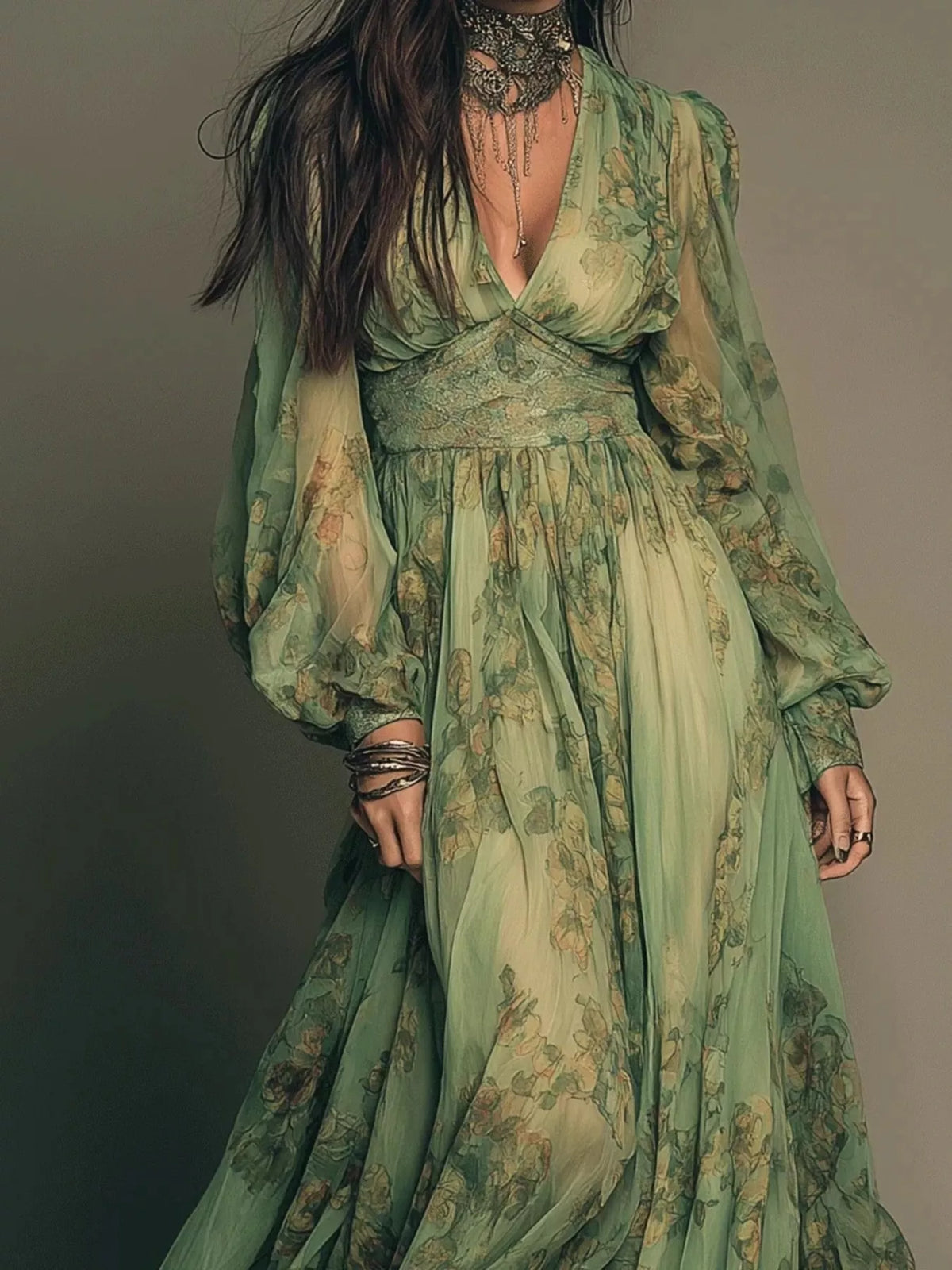 Floral Print V-Neck Maxi Dress