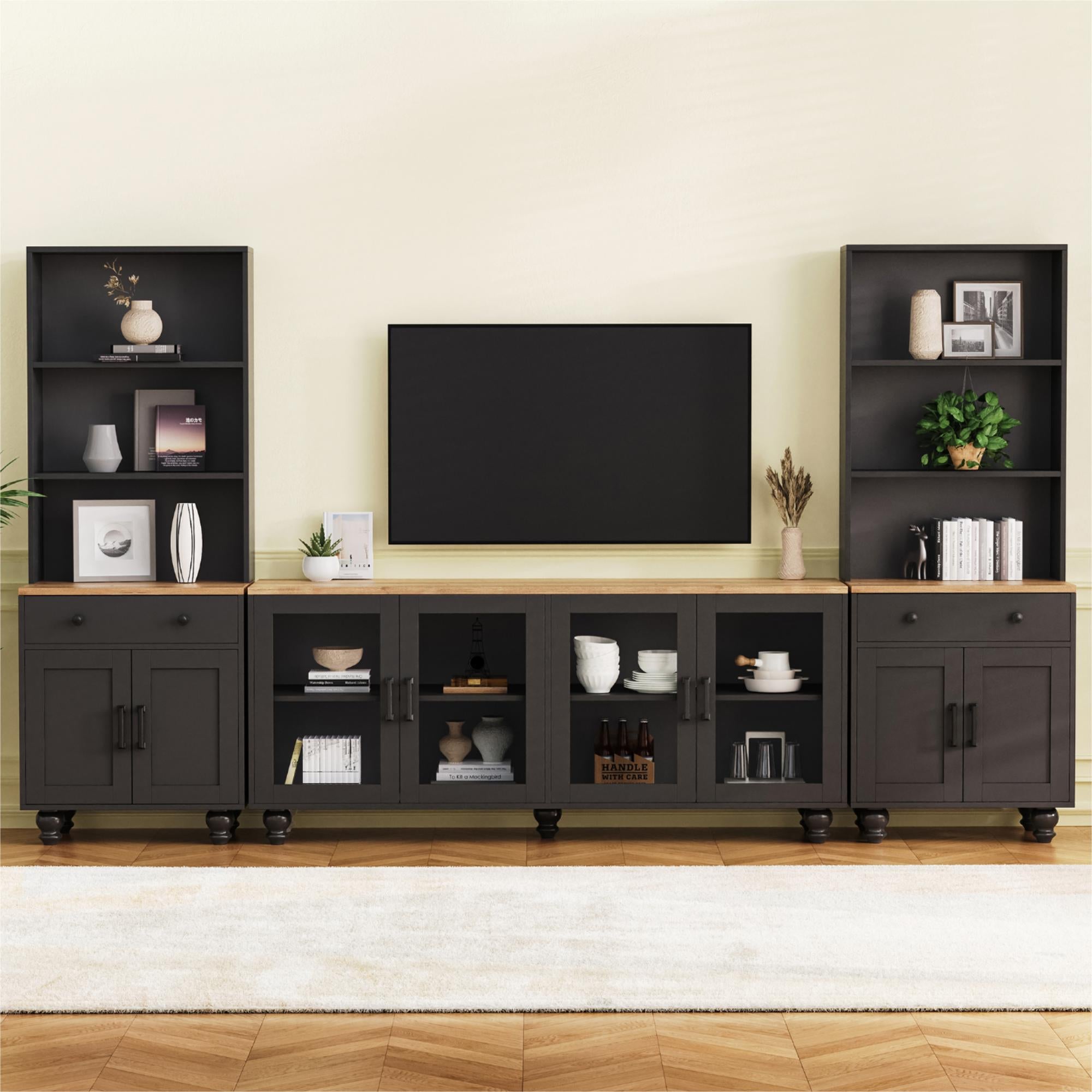 ON-Trend Farmhouse TV Stand with Solid Wood Gourd-Shaped Legs