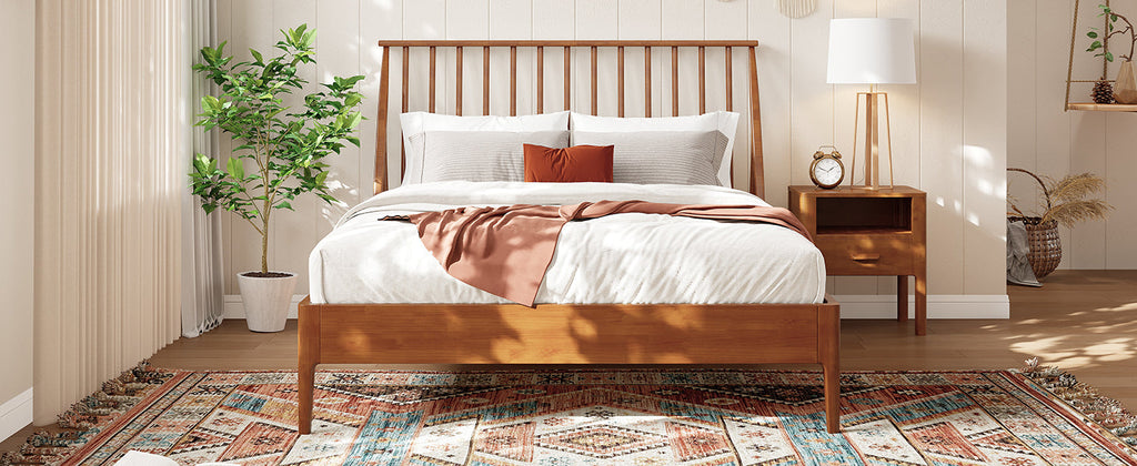 Solid Bamboo Wood Spindle Platform Queen Bed