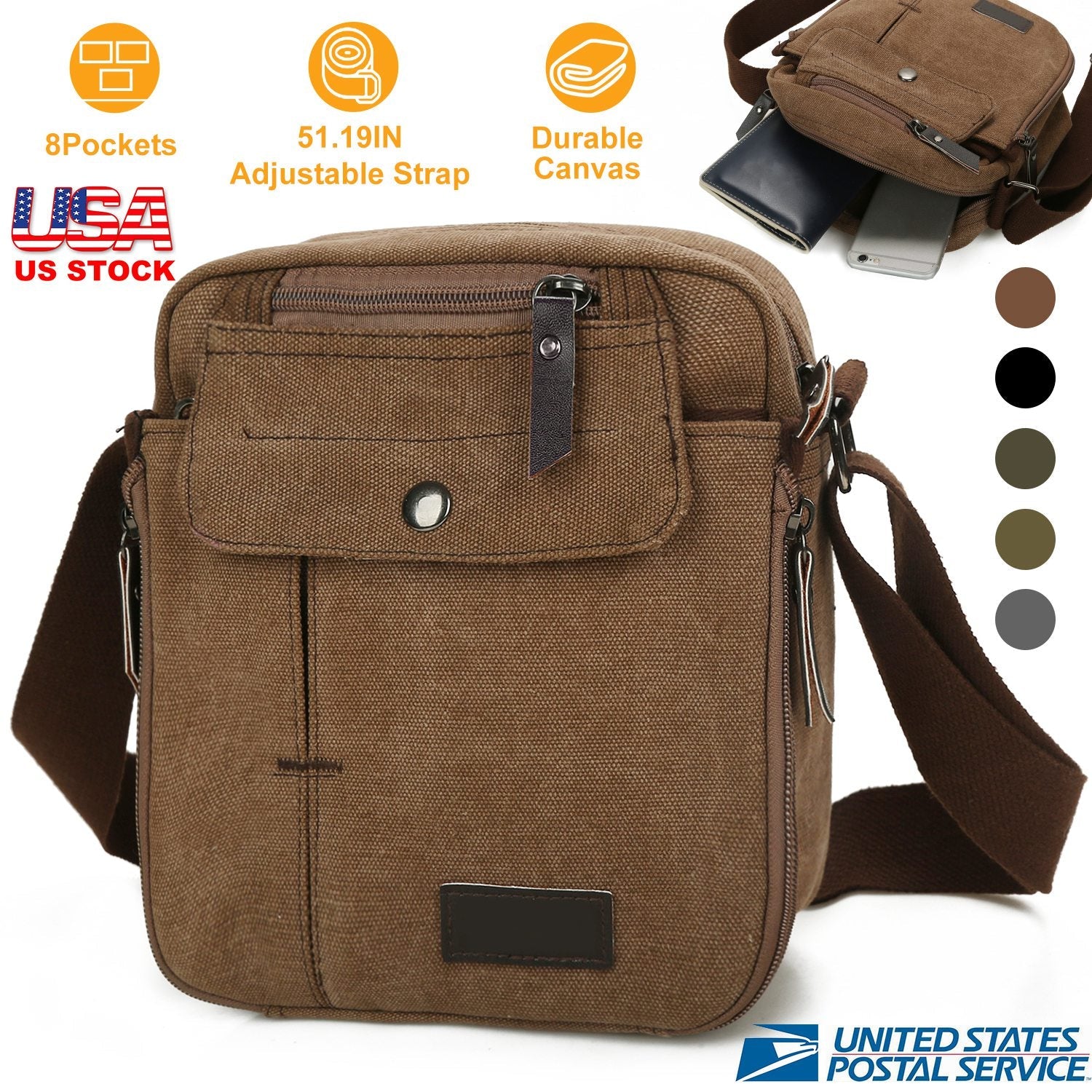 Crossbody Canvas Bag for Phone and Tablet Zipper Pockets