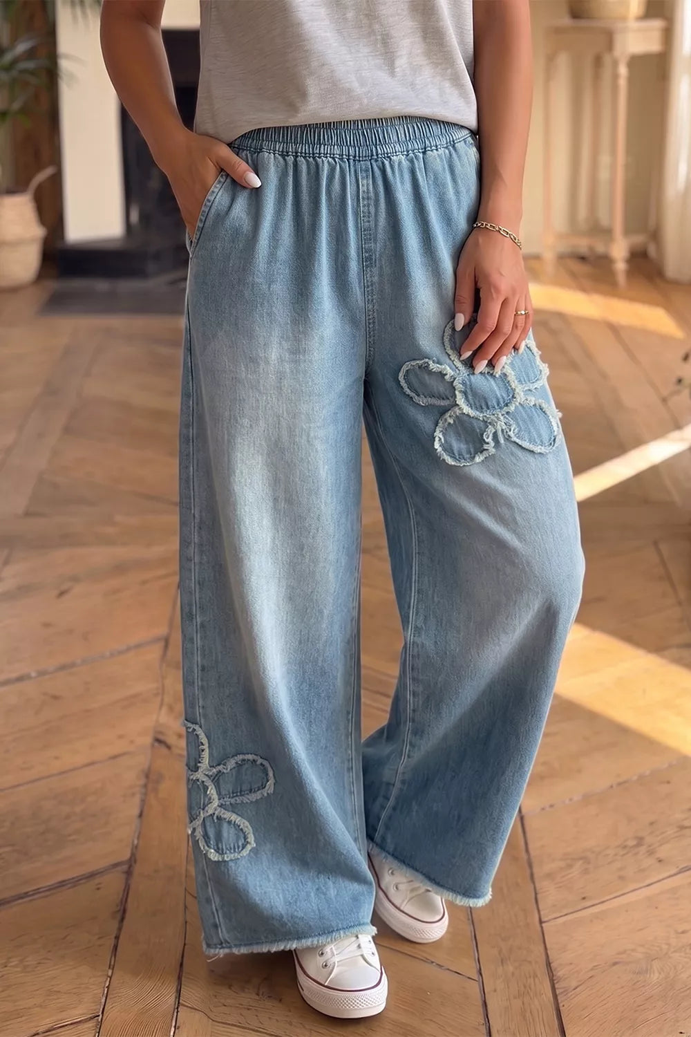 Frayed Floral Patch Wide Leg Raw Hem Wide Leg Jeans