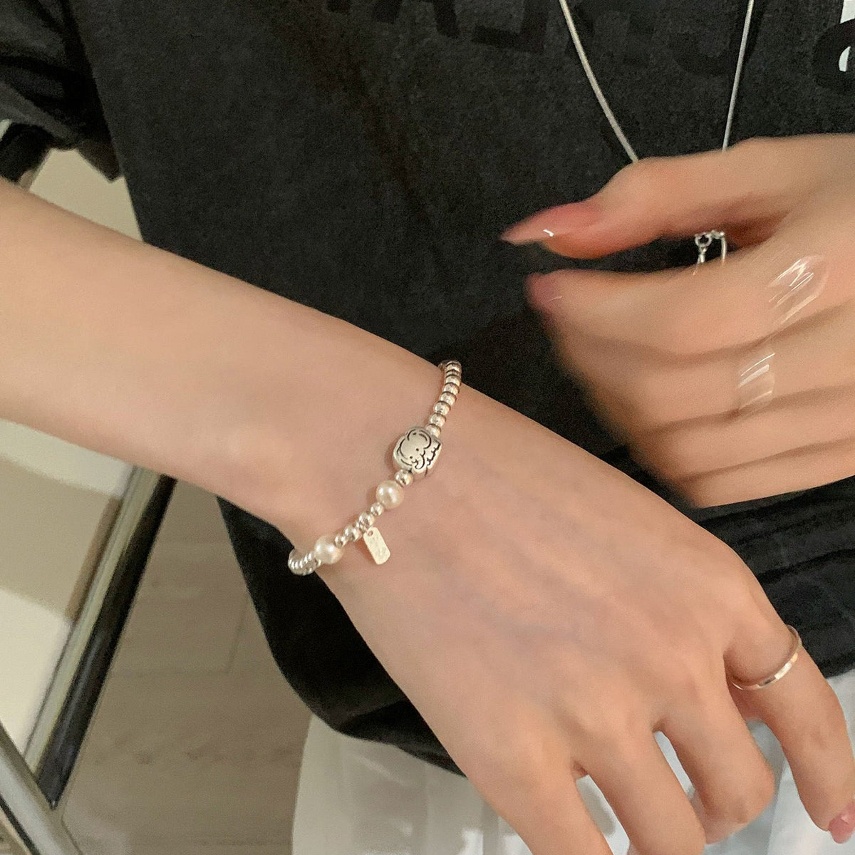 Women New Simple Cute Elephant Pearl Spliced Elastic Beaded Bracelet, Lovely Peace Small Tag Versatile Personalized Wrist Jewelry