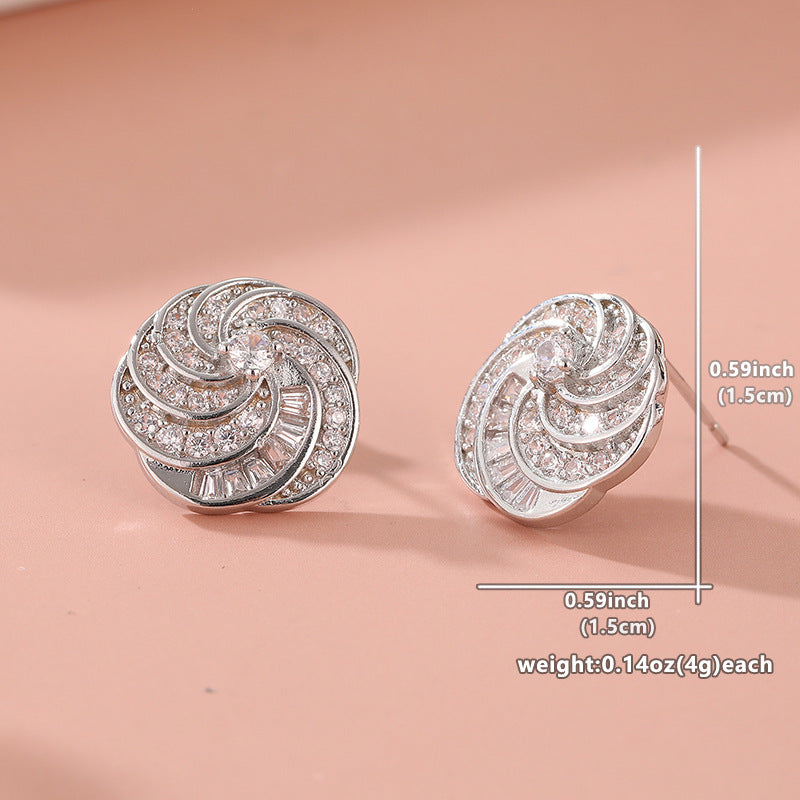 Vintage Crystal Swirl Stud Earrings Silver Tone Brass Women Elegant Party Wedding Fashion Jewelry Sparkling