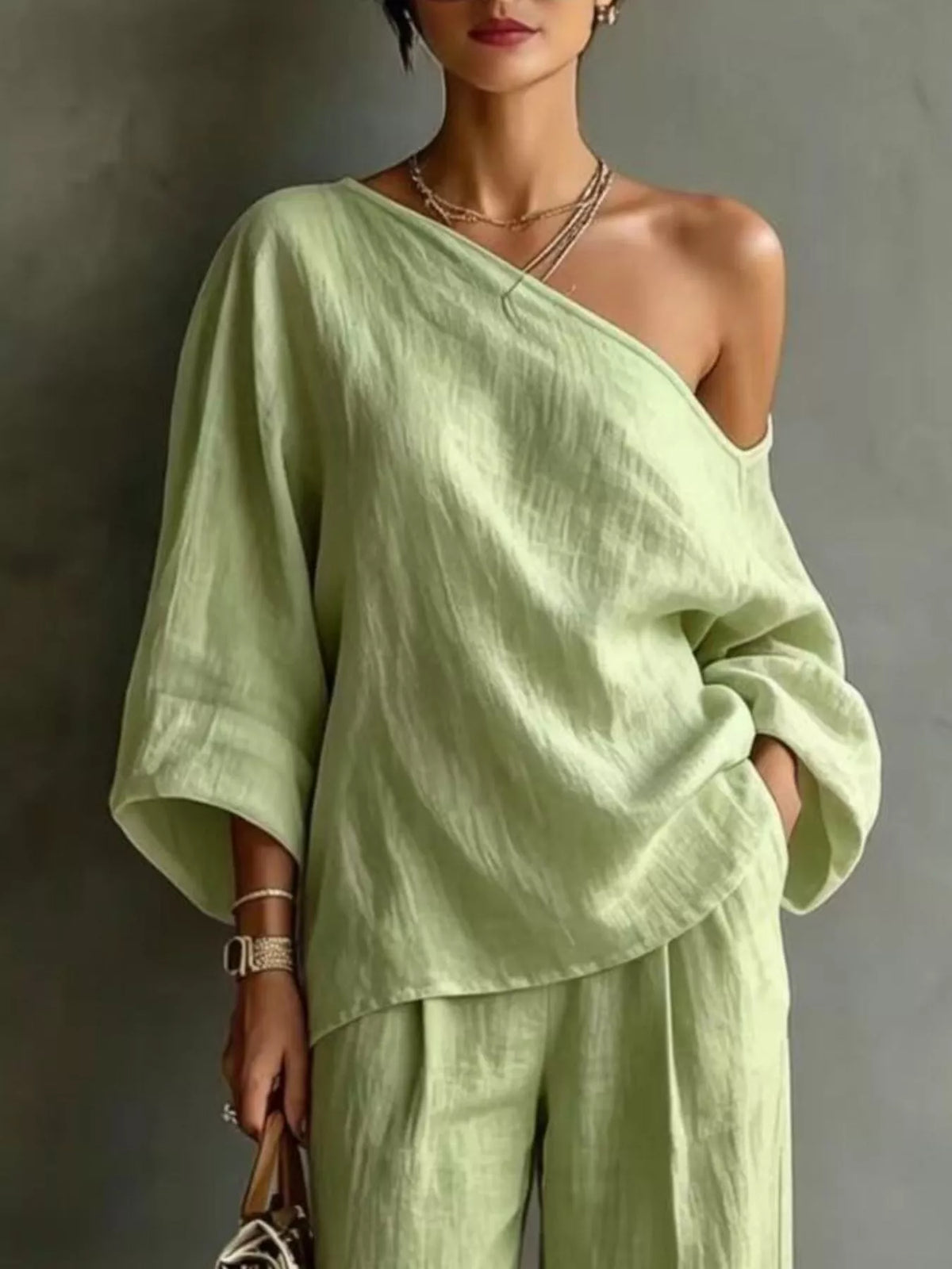One Shoulder Top and Wide Leg Pants Set
